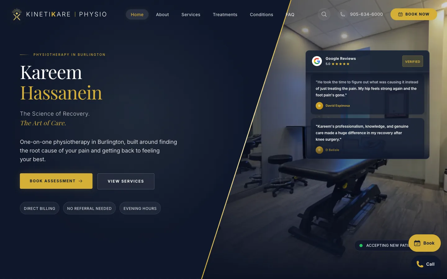 KinetiKare homepage with booking actions and live Google reviews